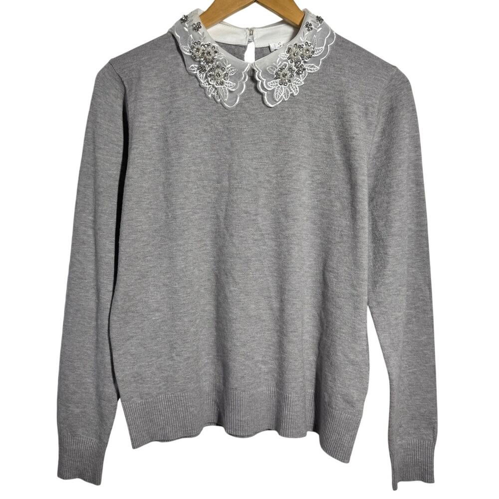 Sioni Milano‎ Gray Sweater Beaded Lace Peter Pan Collar Women's M Soft Girl Prep